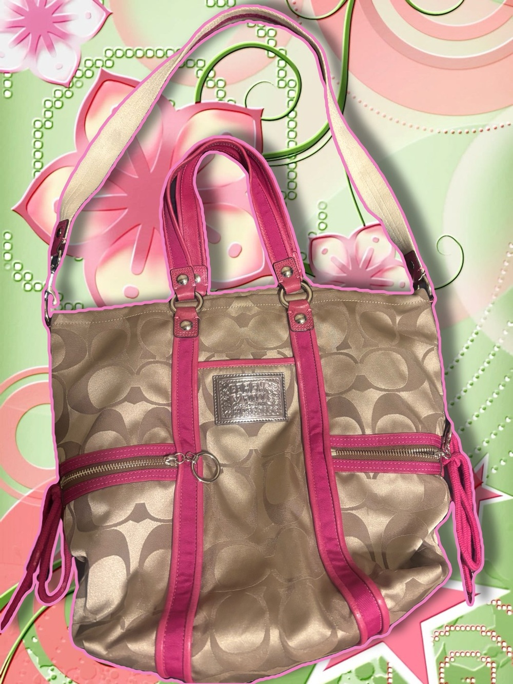 Pink-Trim Beige Signature Tote Bag